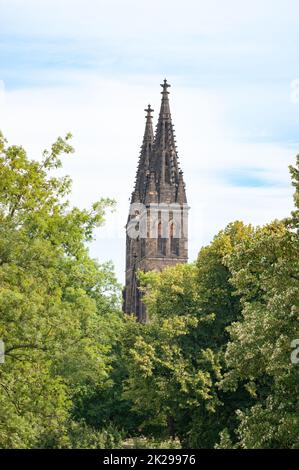 Hinter den Bäumen sehen Sie die Zwillingsspitzen der St. Peter und Paul`s Kathedrale in Prag in der Tschechischen Republik. Die Kirchtürme haben Kreuze. Stockfoto